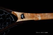 Black Stone inlay, with Aluminum inlaid brown trout., on Cat's Paw Burl Maple