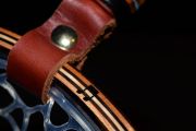 The Carolina Cherry Burl handle with inlaid copper in Kingman turquoise and note inlaid in Blk Stone