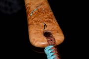 The Carolina Cherry Burl handle with inlaid copper in Kingman turquoise and note inlaid in Blk Stone